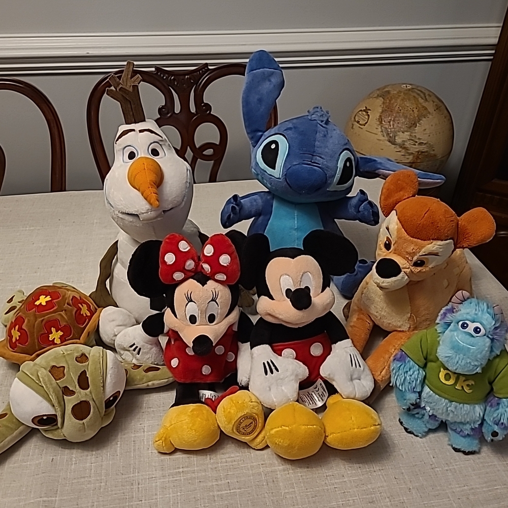 Disney Plush Lot Featuring Mickey & Minnie, Olaf, Stitch, Bambi, Sulley & Squirt